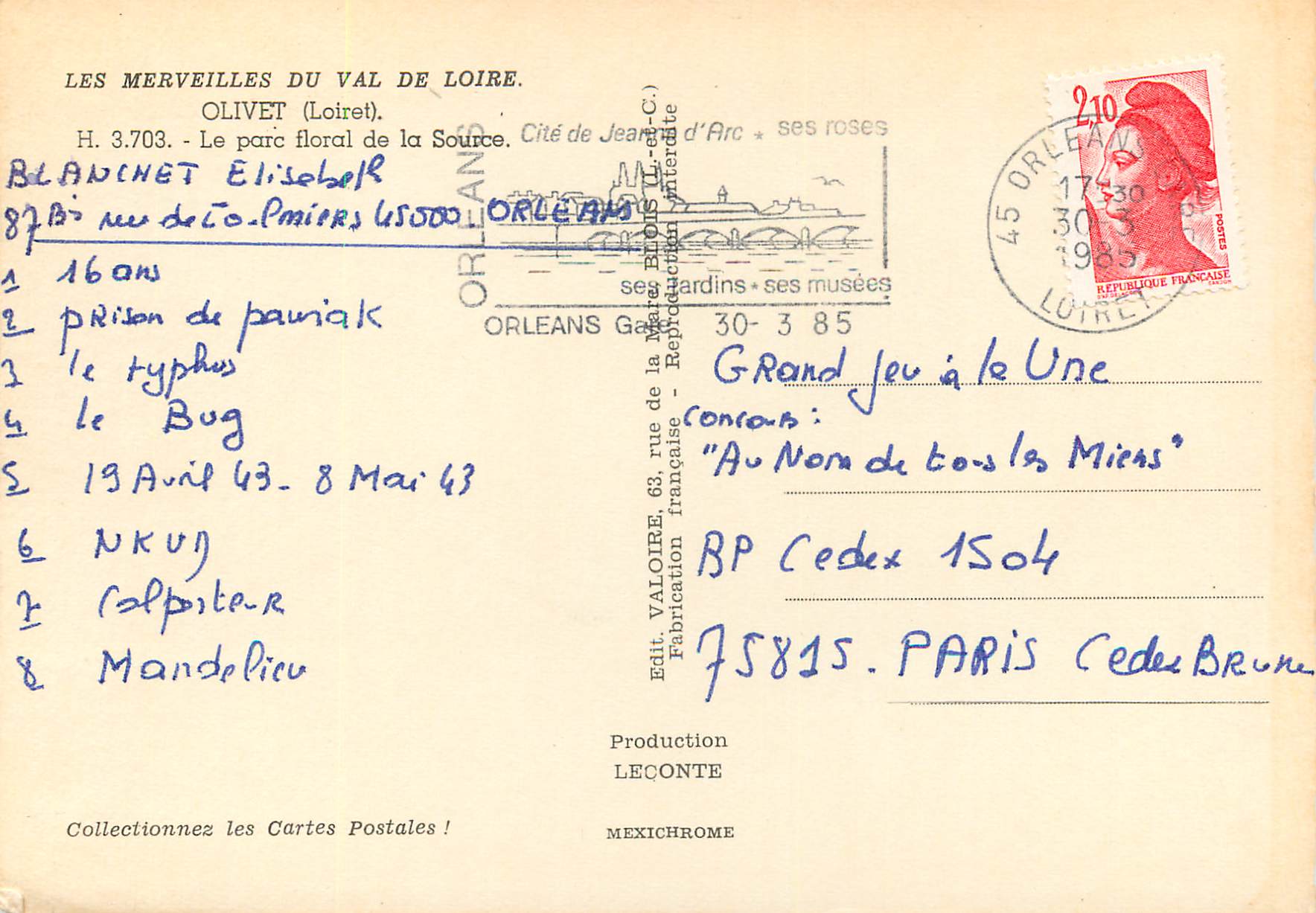 Le parc floral de la Source — Olivet (Loiret) — Édit Valoïre, n° H.3703 — Reverso