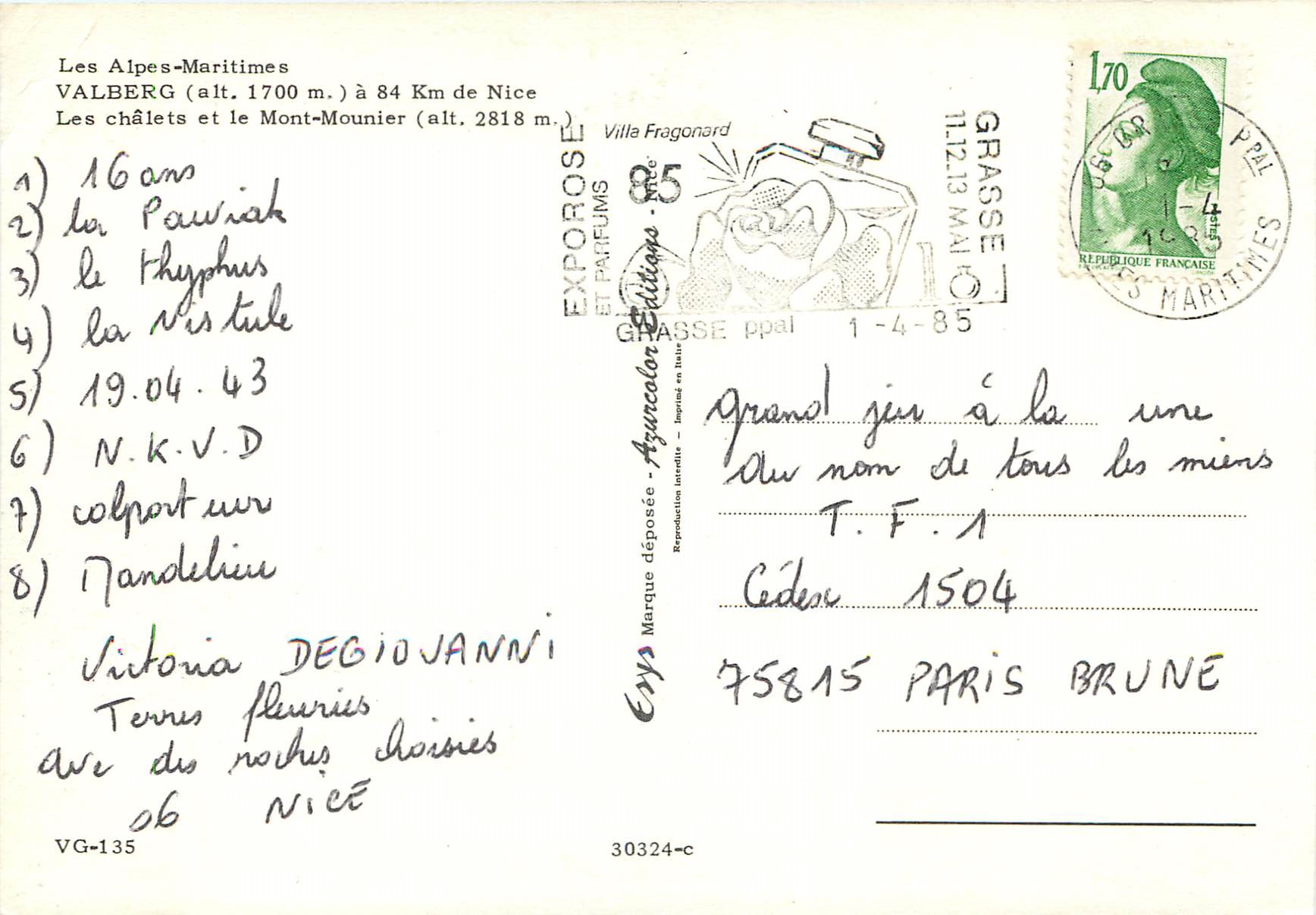 CPM Les alpes maritimes Valberg (alt 1700 m) a 84 km de nice les chalets et le mont mounier (alt 2818 m) — Rückseite