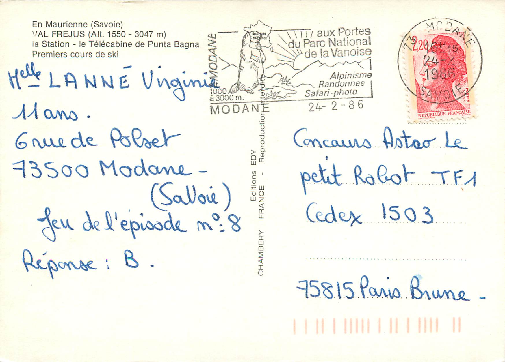 CPM En maurienne (Savoie) Val Frejus (alt 1550 3047 m) la station le telecabine de punta bagna premiers cours de ski — Rückseite