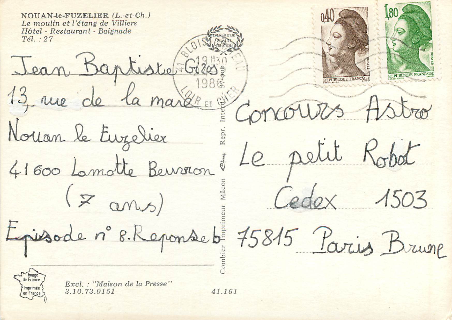 Nouan-le-Fuzelier — Le moulin et l'étang de Villiers — Imprimeur Combière — Verso
