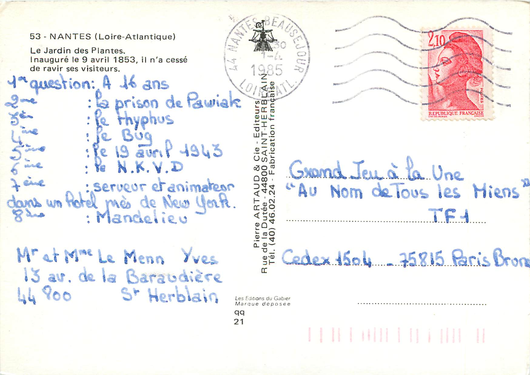 CPM Nantes (Loire Atlatique) le jaridin des plantes — Verso