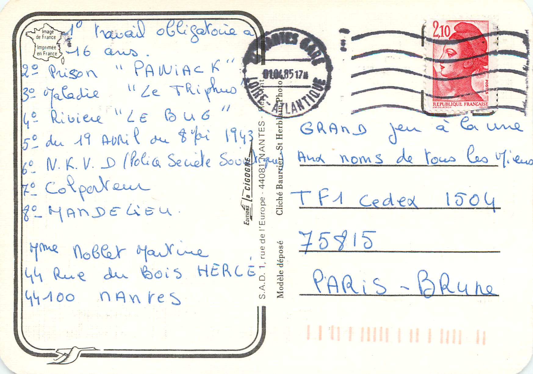 CPM Nantes Basilique St Nicolas — Verso
