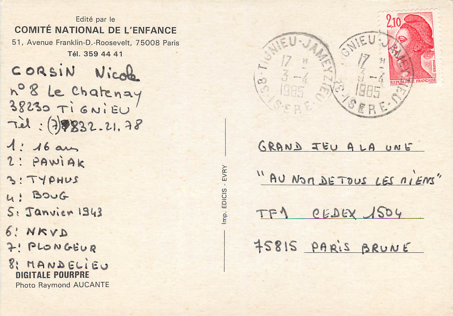 CPM Comite national de l'enfance Paris avenue franklin D Roosevelt Fleurs — Verso