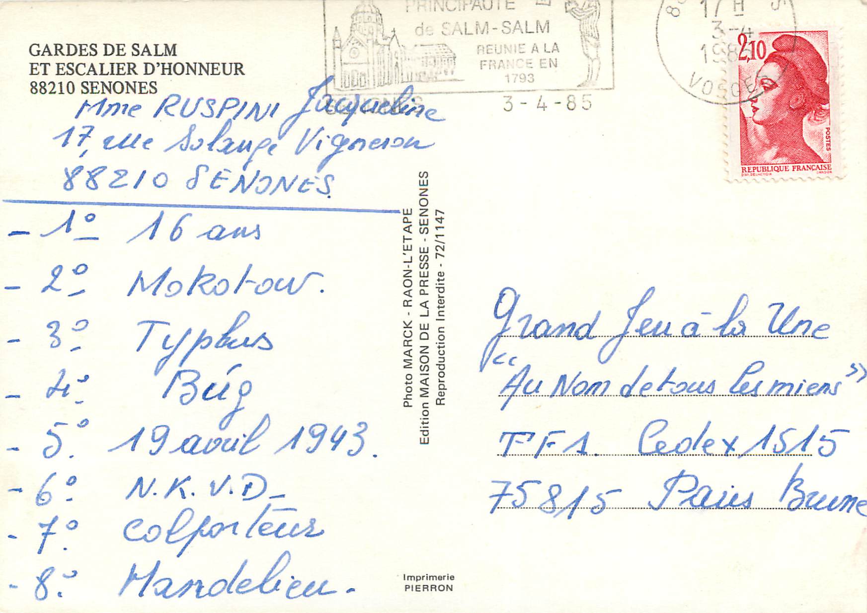 CPM Senones gardes de salm et escalier d'honneur Militaria — Rückseite