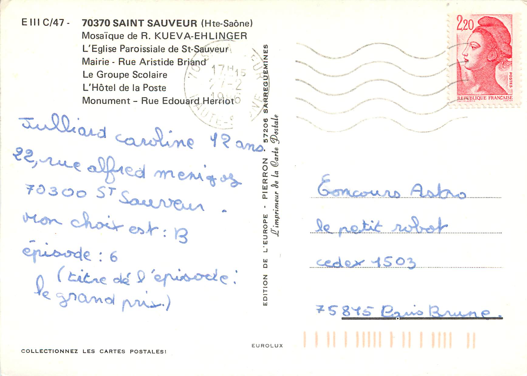 CPM Saint sauveur (Hte saone) mosaique de R Kueva ehlinger l'eglise paroissiale de st sauveur — Rückseite