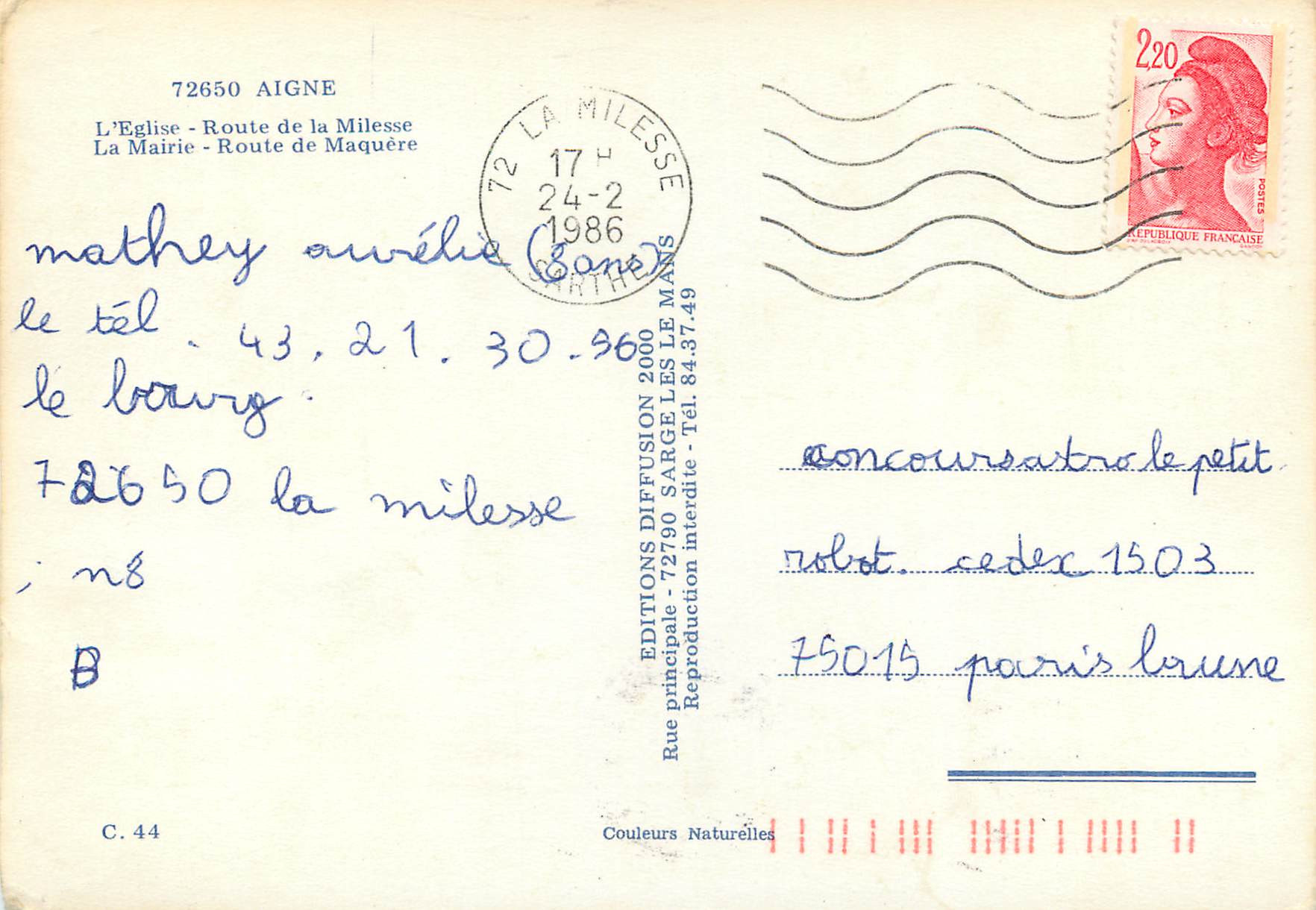 CPM Aigne l'eglise route de la milesse la mairie route de maquere — Rückseite