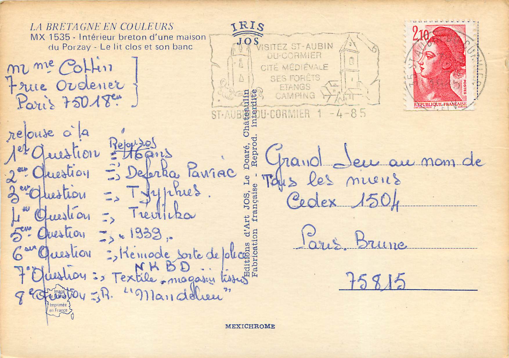 CPM La Bretagne en couleurs interieur breton d'une maison du porzay le lit clos et son blanc — Rückseite