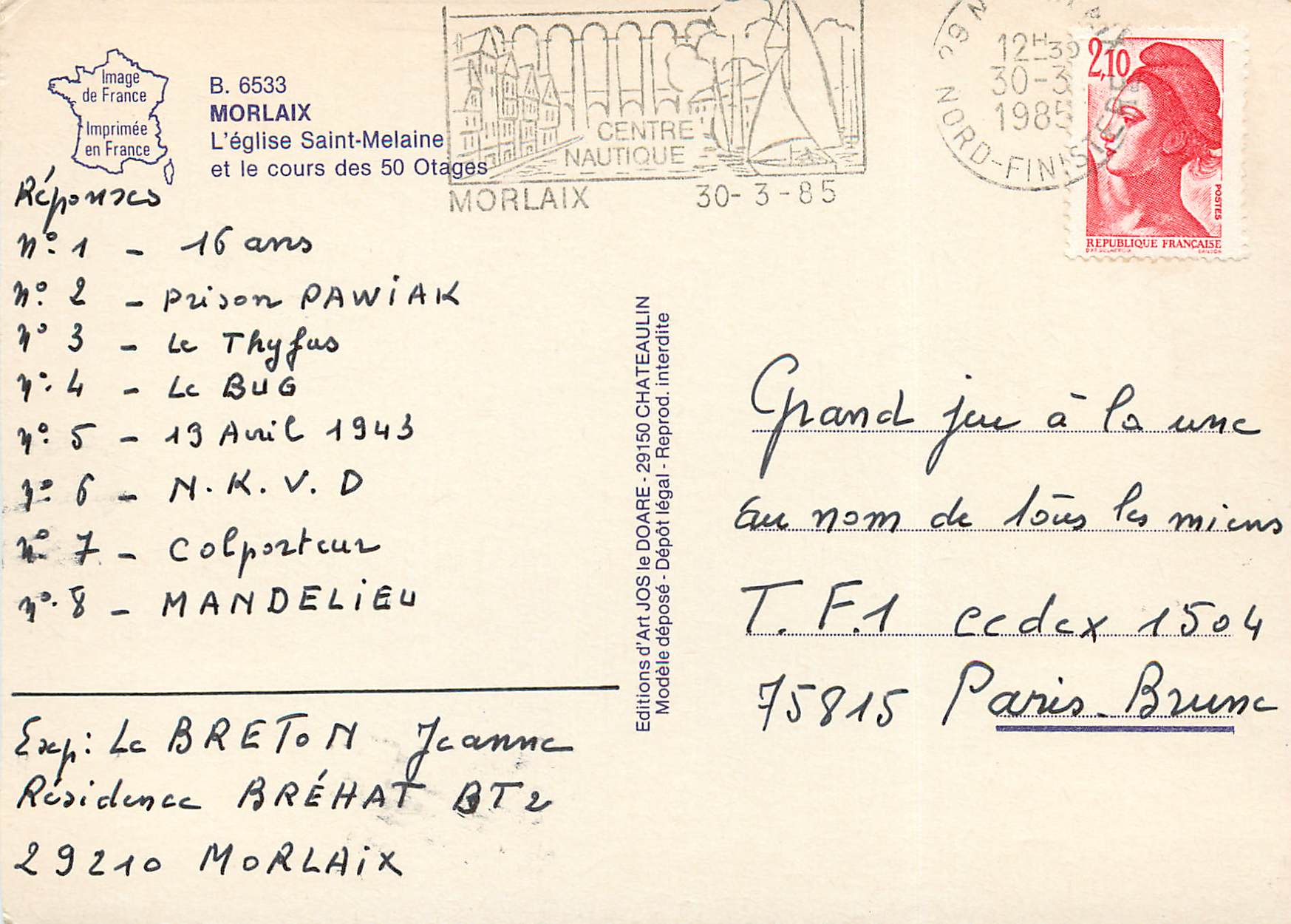 CPM Morlaix l'eglise Saint Melaine et le cours des 50 otages — Rückseite