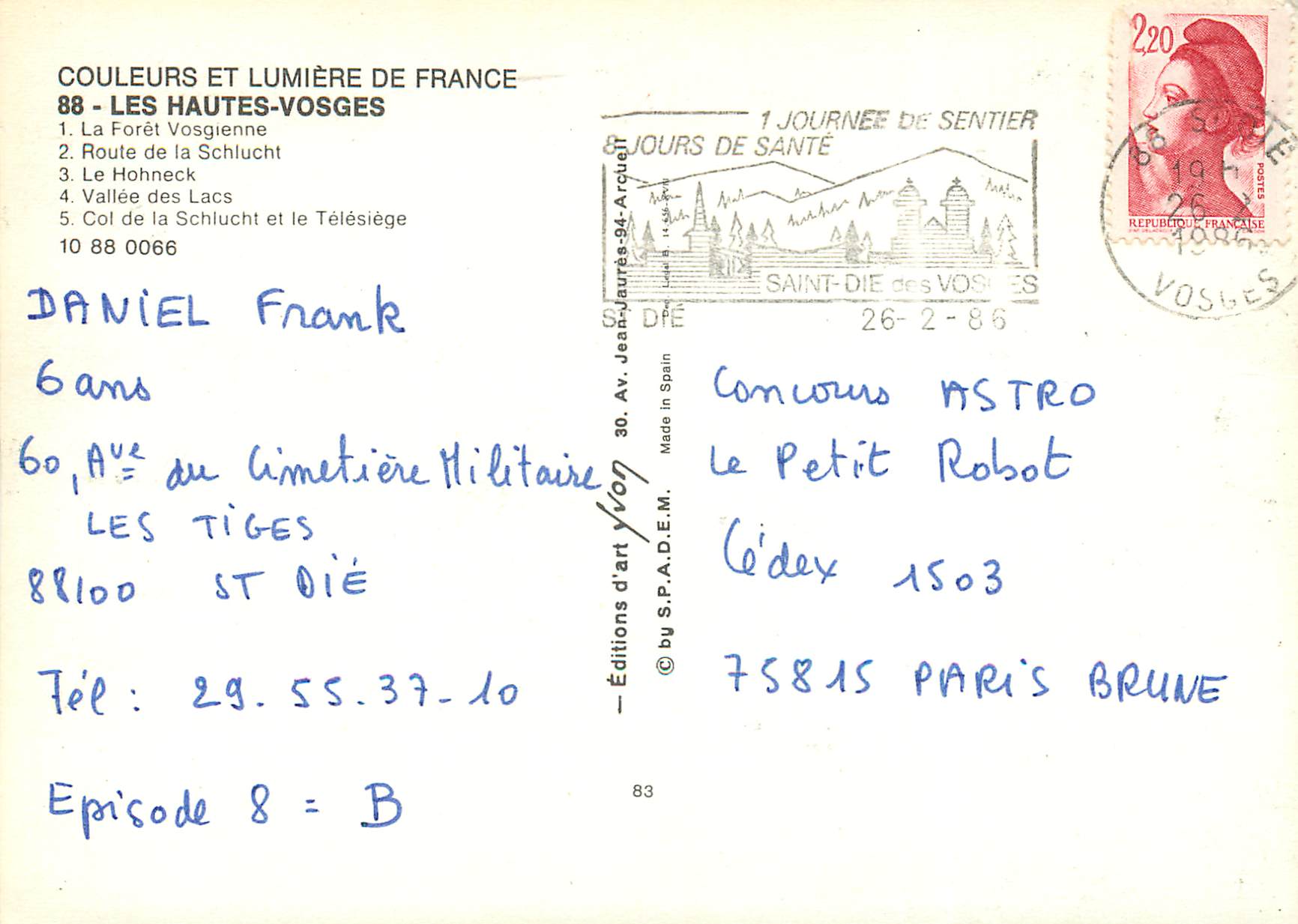 CPM Haute Vosges Foret vosgienne Route de la Schlucht Hohneck Telesiege — Rückseite