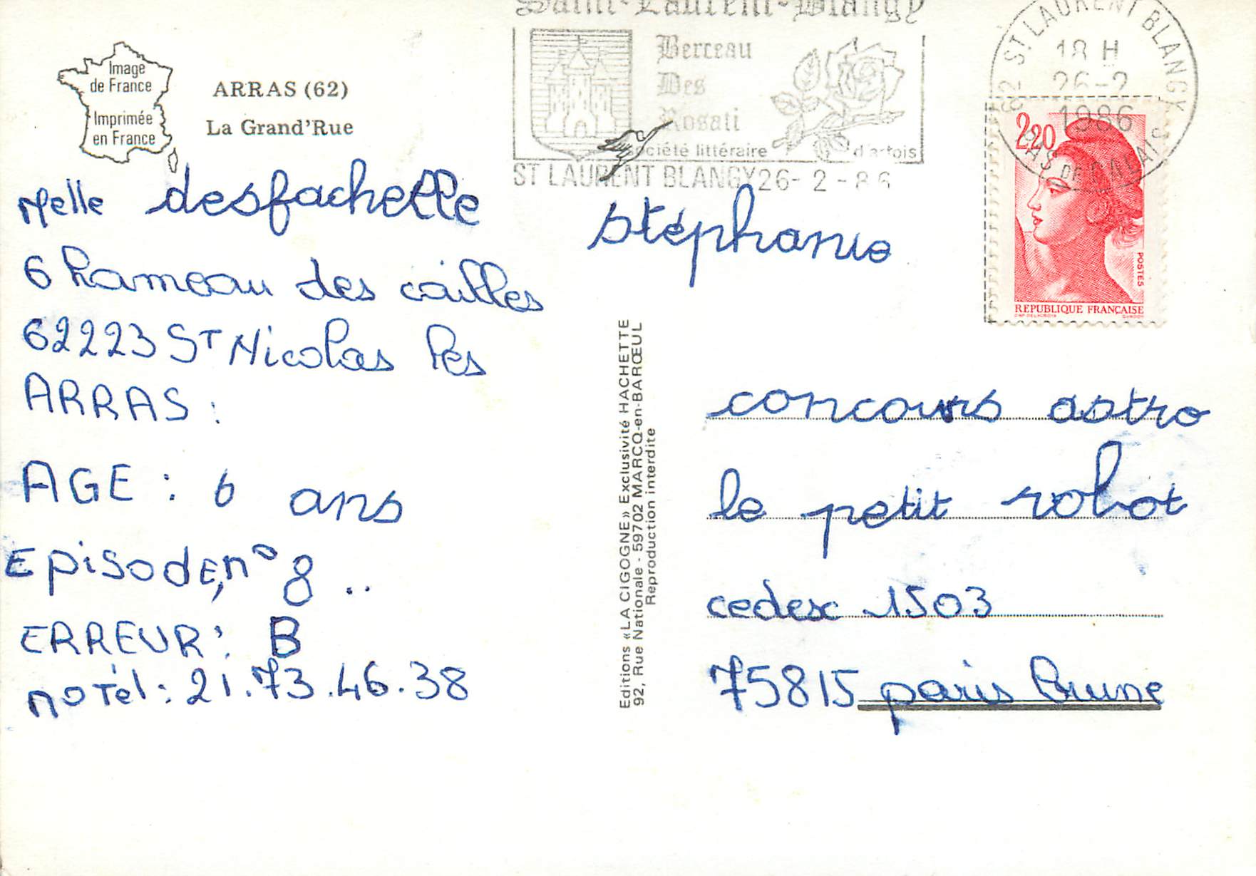 CPM Arras La Grand Rue — Rückseite