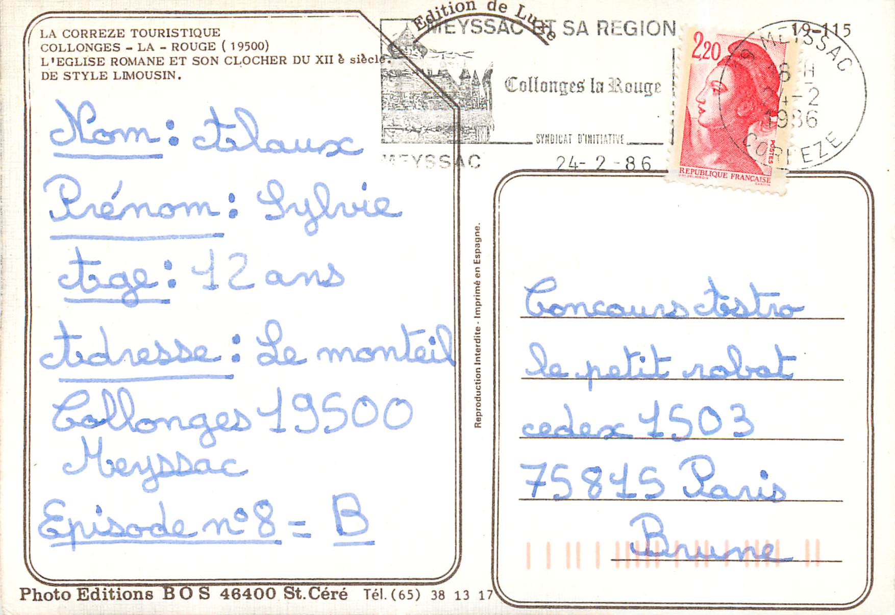 CPM La Correze Touristique Collonges-la-Rouge L'eglise Romane et son Clocher du XIIe siecle de style Limousin — Verso