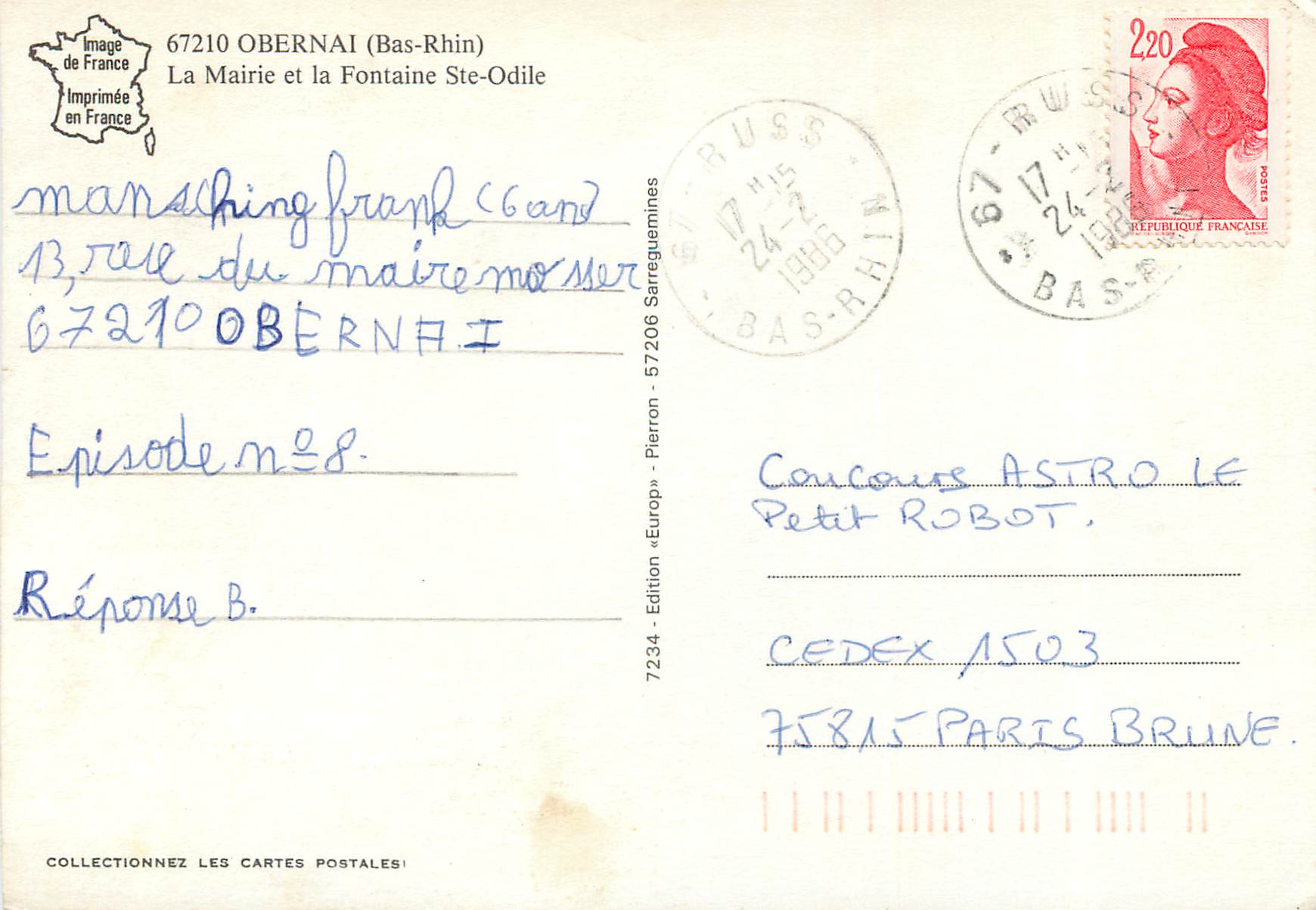 CPM Obernai (Bas-Rhin) La Mairie et la Fontaine Ste-Odile — Rückseite