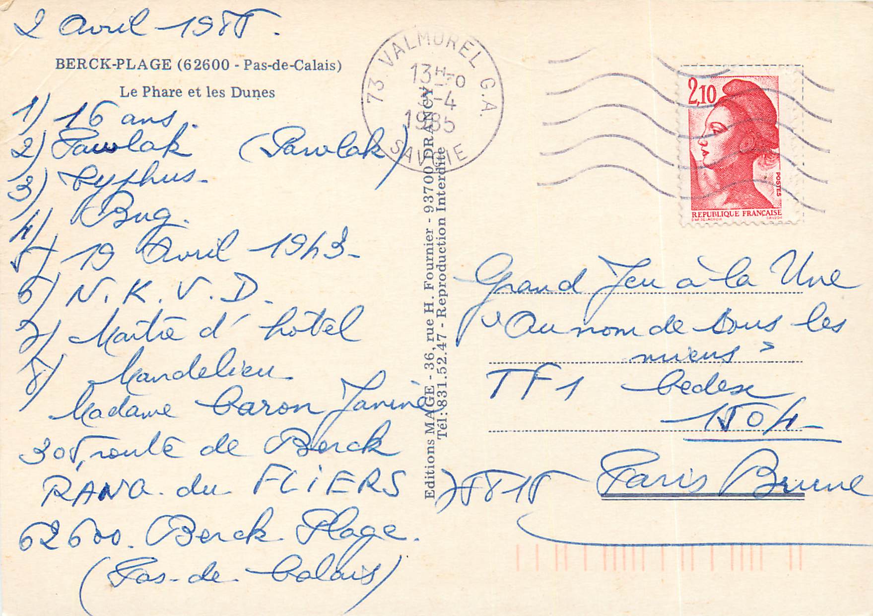 CPM Berck-Plage (Pas-de-Calais) Le Phare et les Dunes — Rückseite
