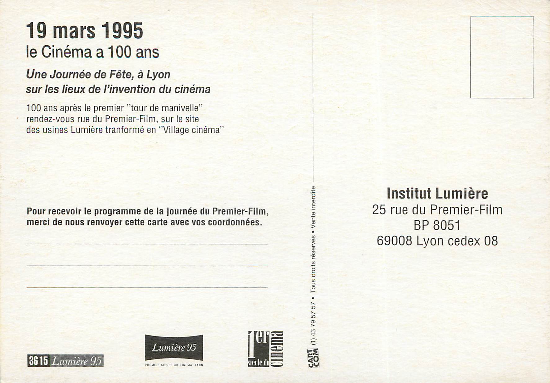 CPM Le Cinema a 100 ans Lyon  — Verso