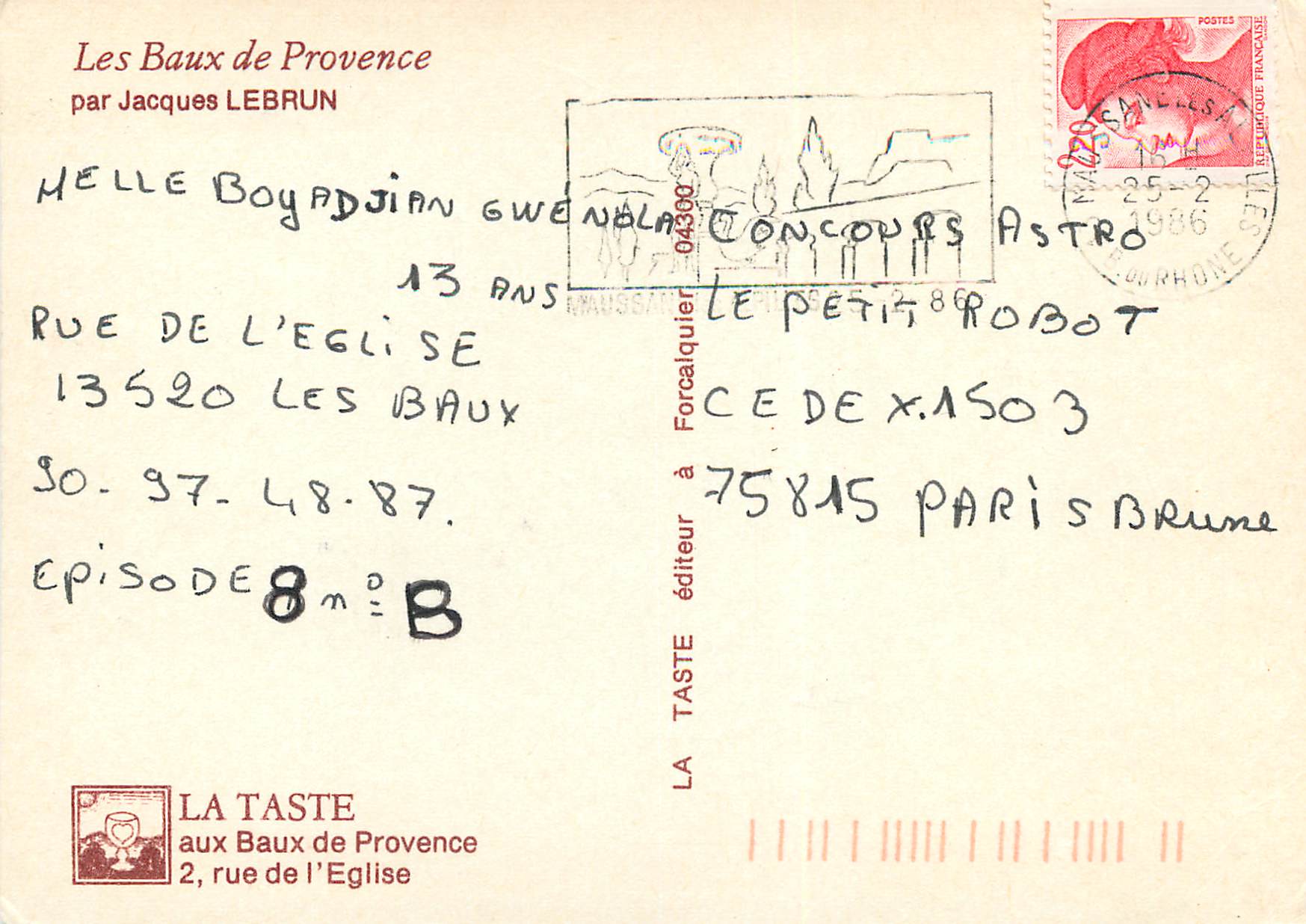Vue des Baux-de-Provence — par Jacques LEBRUN — éditeur LA TASTE — Rückseite