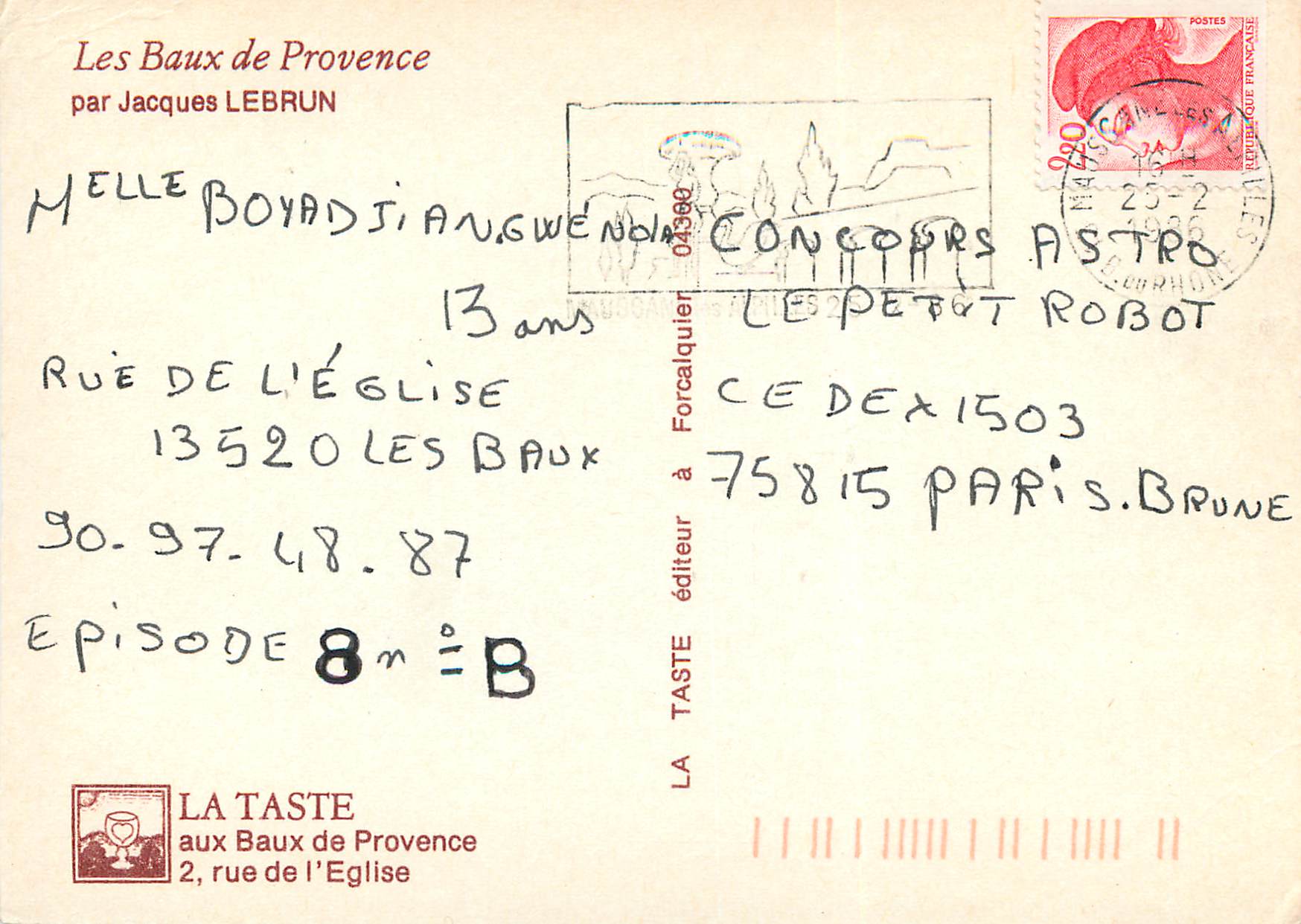 Vue des Baux-de-Provence — par Jacques LEBRUN — éditeur LA TASTE — Verso