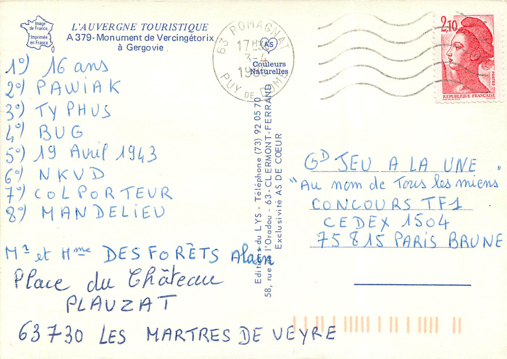 CPM L'Auvergne touristique Monument de Vercingetorix a Gergovie — Verso