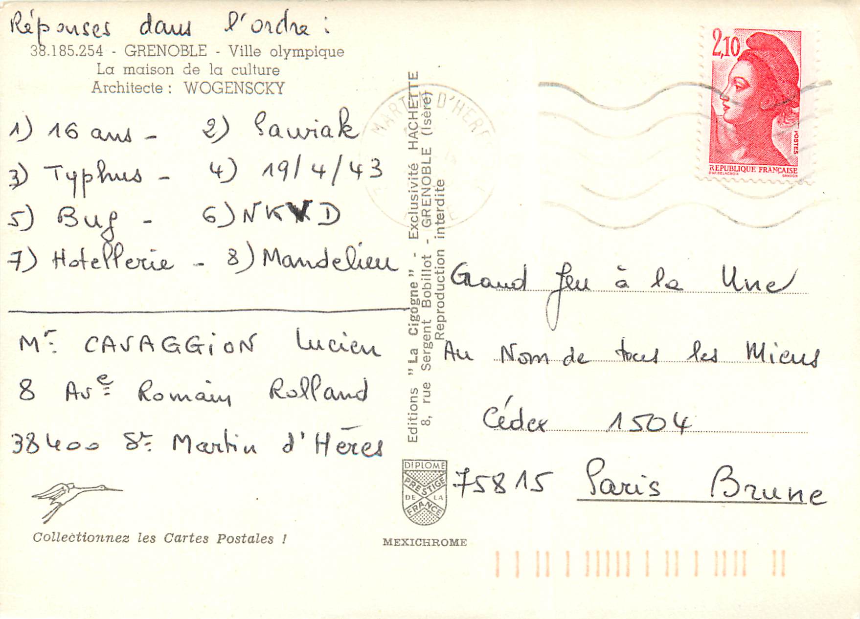 Grenoble - Olympic City — The Cultural House — Architect: WOGENSCKY — Editions 'La Cigogne' — n° 38.185.254 — Back