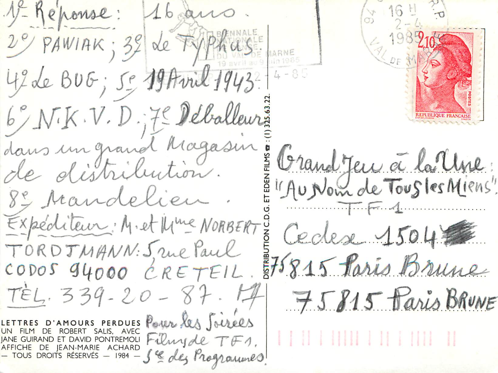 CPM Lettres d'Amours Perdues Jane Guirand David Pontremoli Theatre — Verso