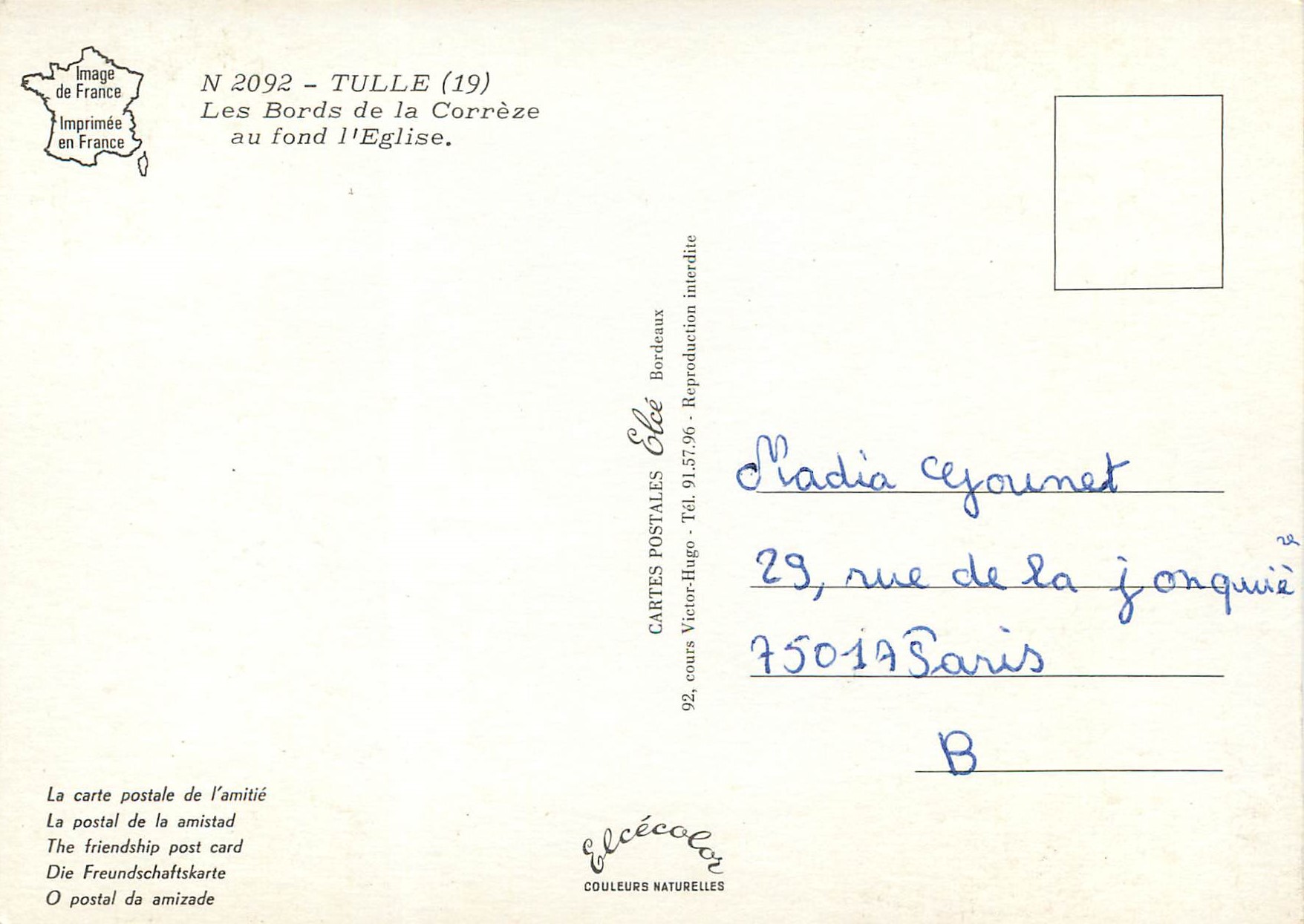CPM Tulle Les Bords de la Correze au fond l'Eglise — Rückseite