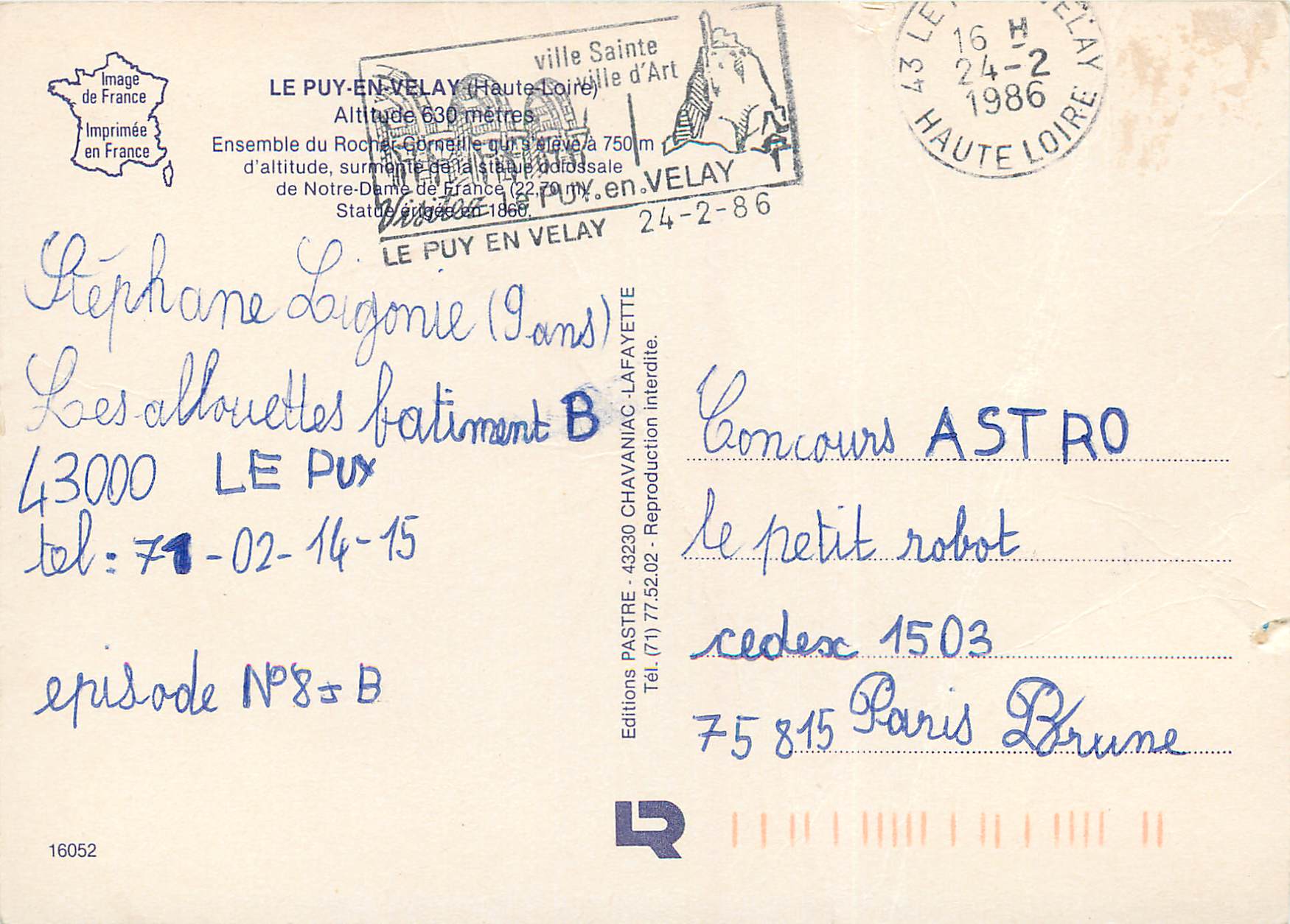Le Puy-en-Velay — statue de Notre-Dame de France sur le Rocher-Gorrelle — Éditions PASTRE — Verso