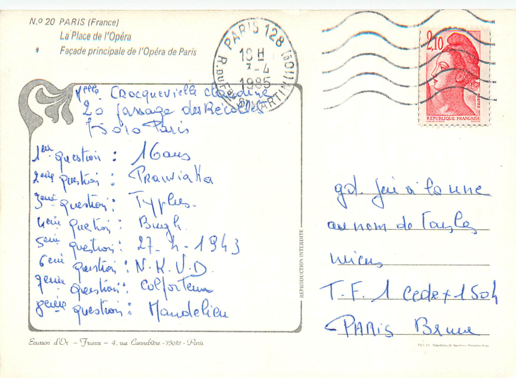 Opéra de Paris — Façade principale — Éditeur : Écossan d'Or, N°20 — Reverso
