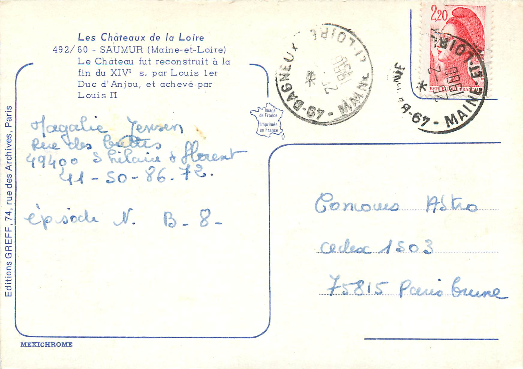 CPM Les Chateaux de la Loire Saumur (Moine-et-Loire) — Rückseite