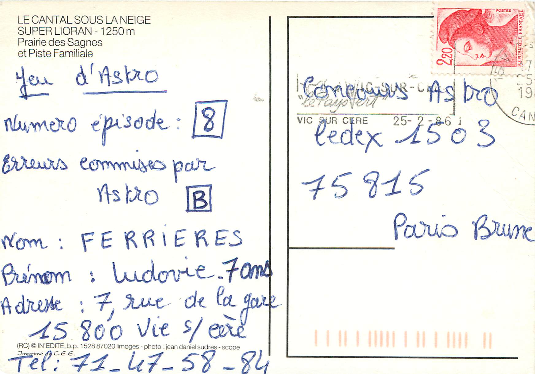 CPM Le Cantal Sous la Neige Superloiran Prairie des Sagnes et Piste Familiale — Verso