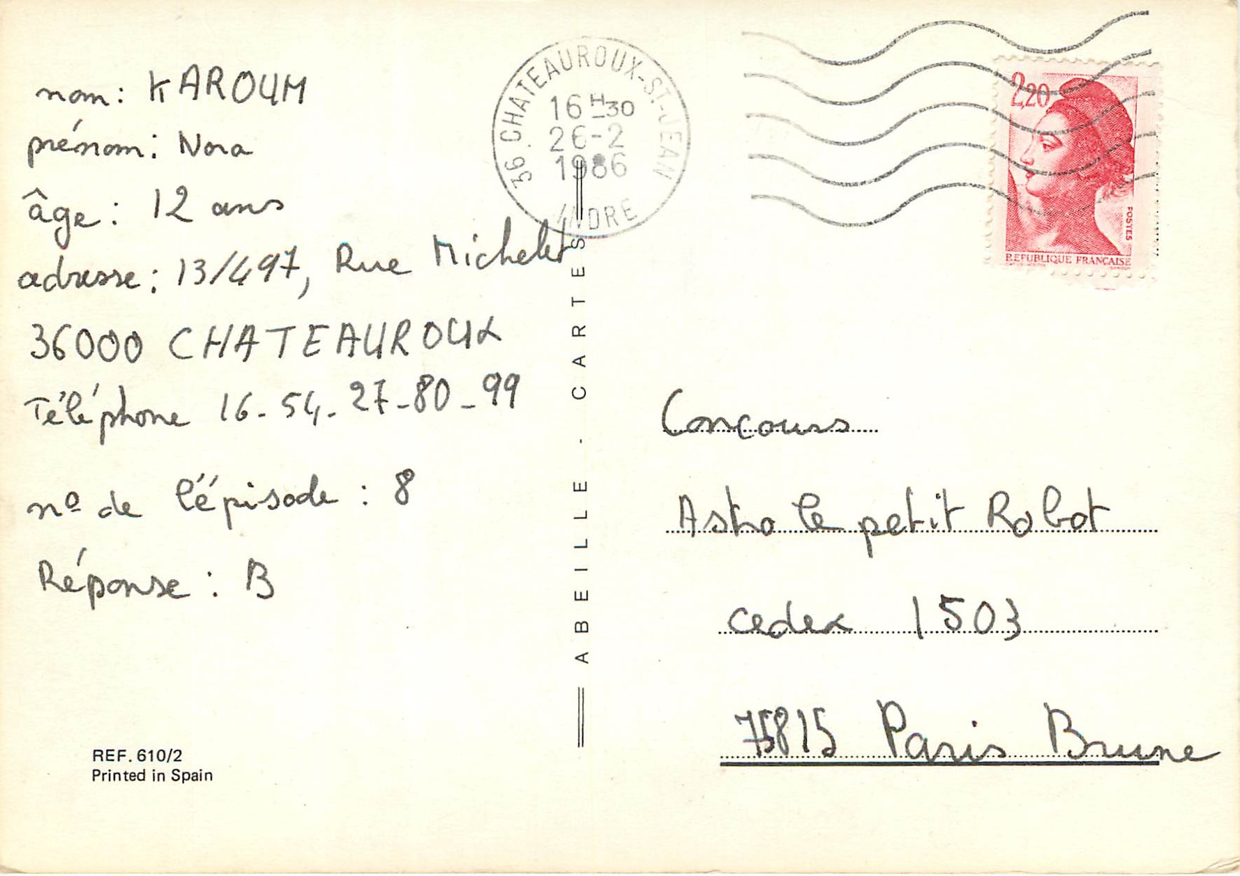 Jeune fille en combinaison jaune — éditeur Abeille, série REF. 610/2 — Verso