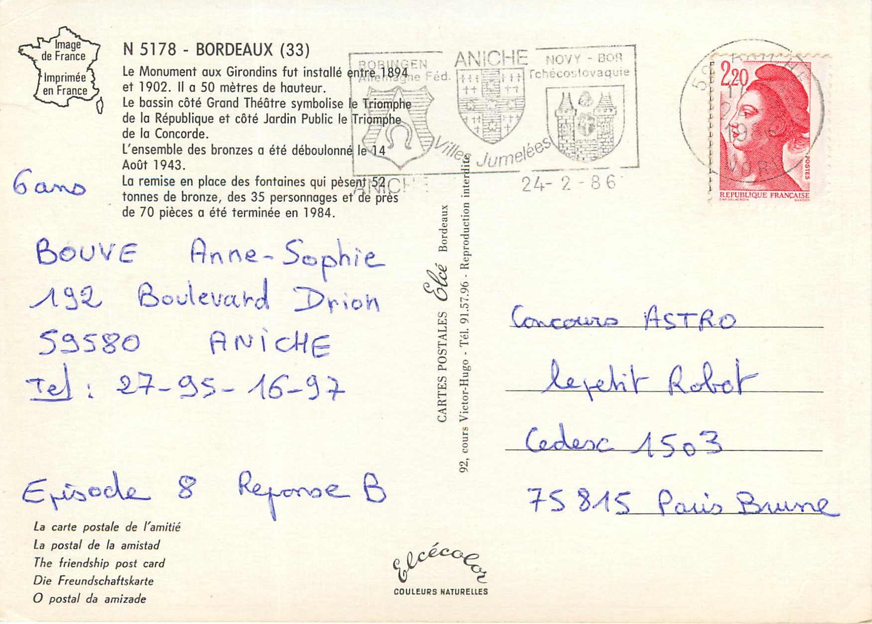 CPM Bordeaux Le Monument aux Girondins — Verso