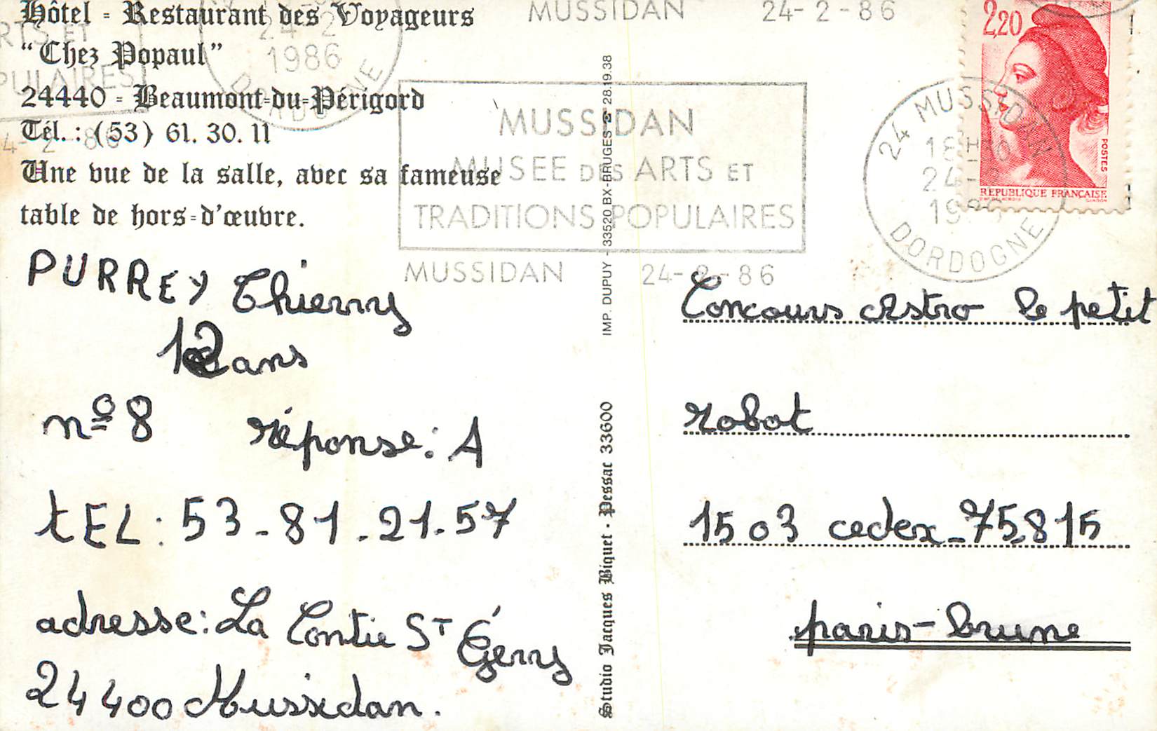 CPM Beaumont du Perigord Restaurant des Voyageurs — Back