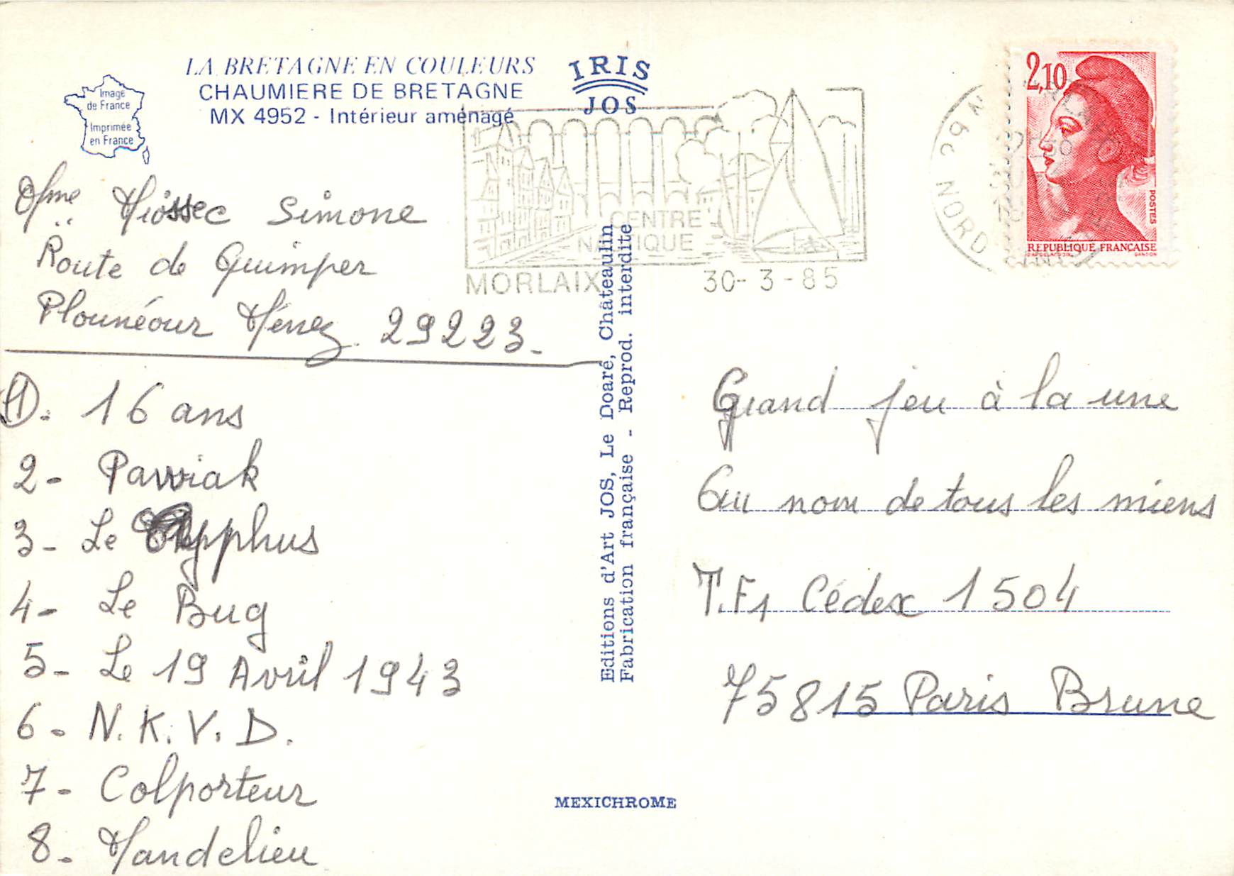 CPM Chaumiere de Bretagne Interieur amenage — Rückseite