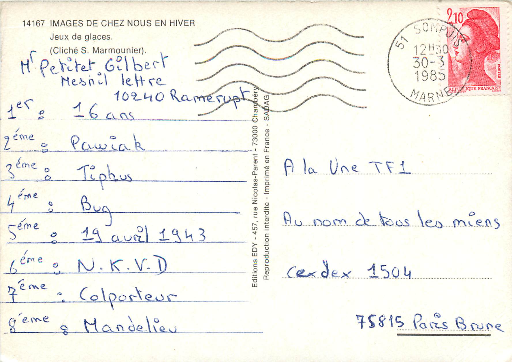 CPM Marne Jeux de glaces (Cliche S Marmounier) — Verso