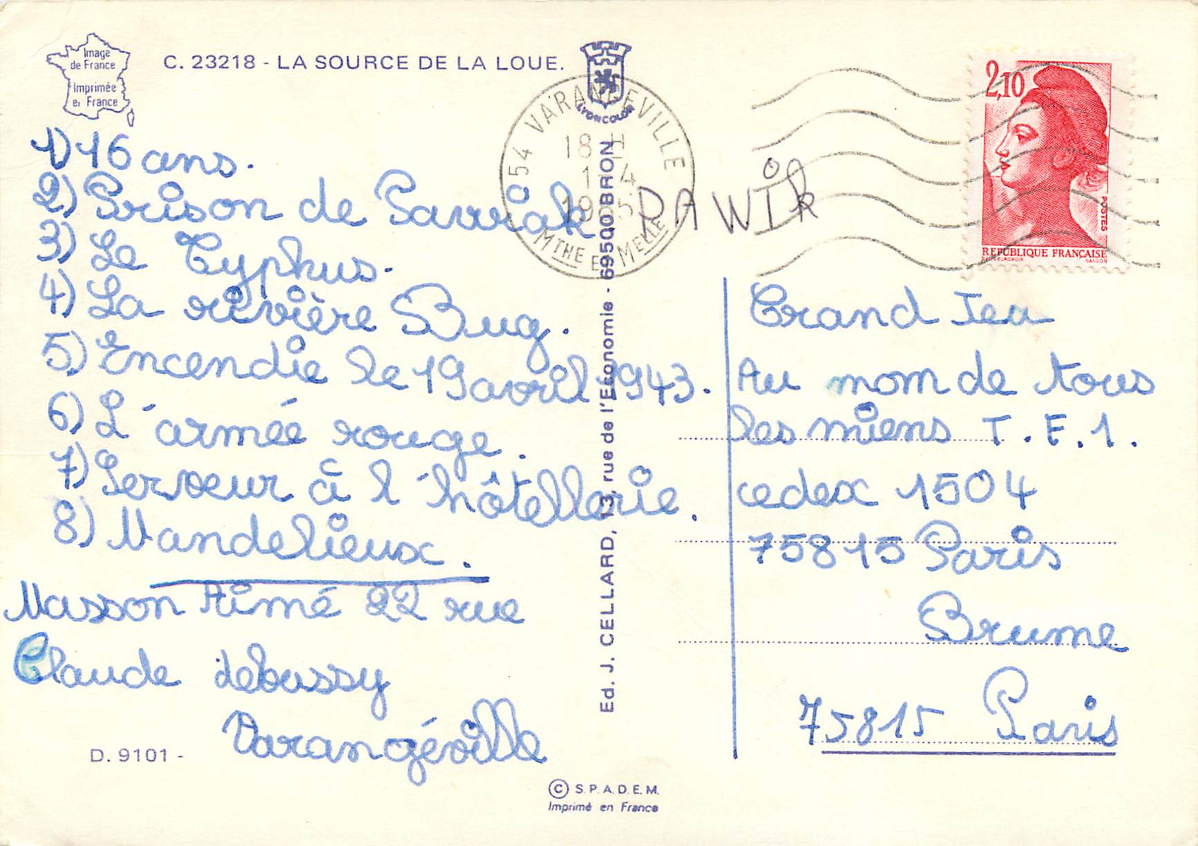 CPM La Source de la Loue — Rückseite