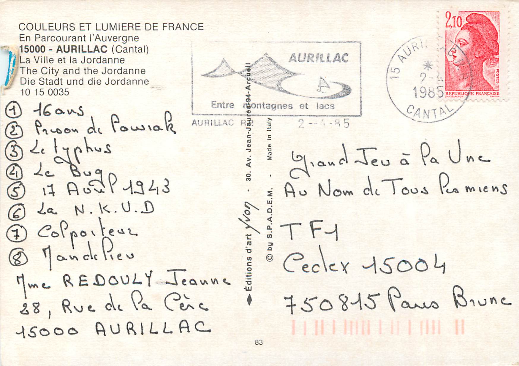 CPM Aurillac (Cantal) La Ville et la Jordanne — Verso
