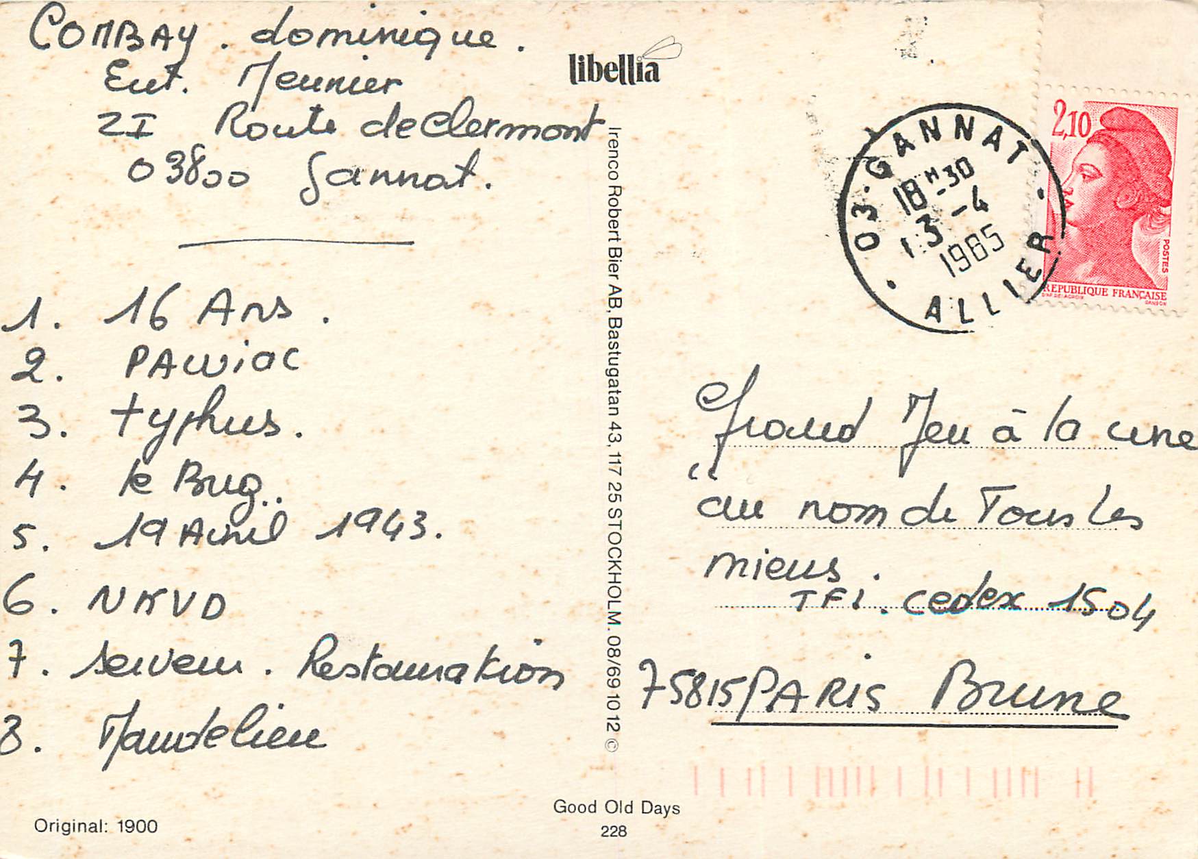 Automobile enneigée — scène hivernale — éditeur Libellia, n°228 — Verso