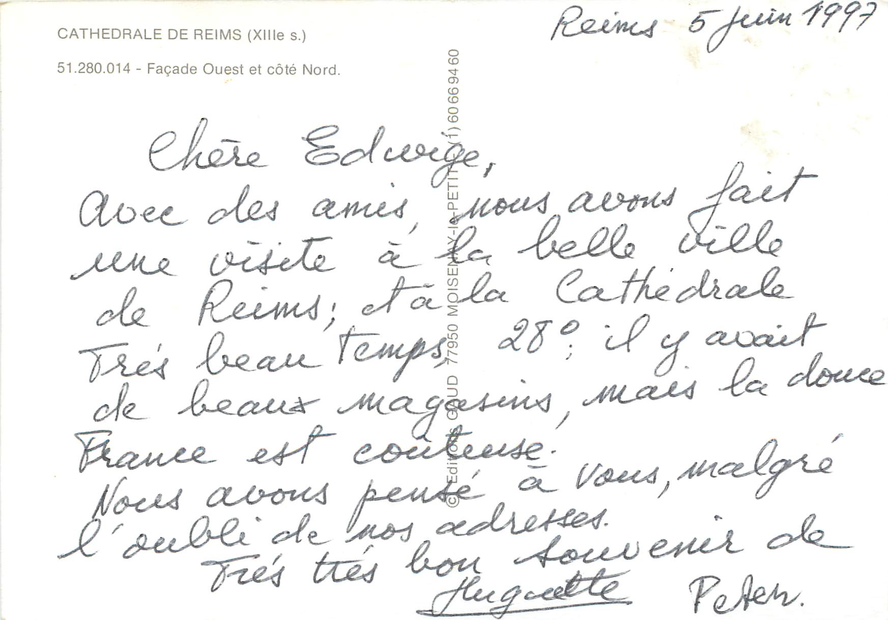 CPM Cathedrale de Reims Facade Ouest et cote Nord — Verso