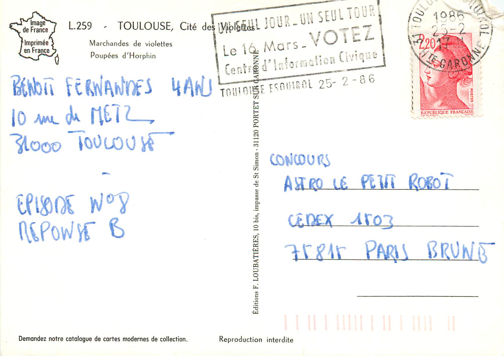 CPM Toulouse Cite des Violettes Marchandes de violettes Poupees d'Horphin  — Rückseite