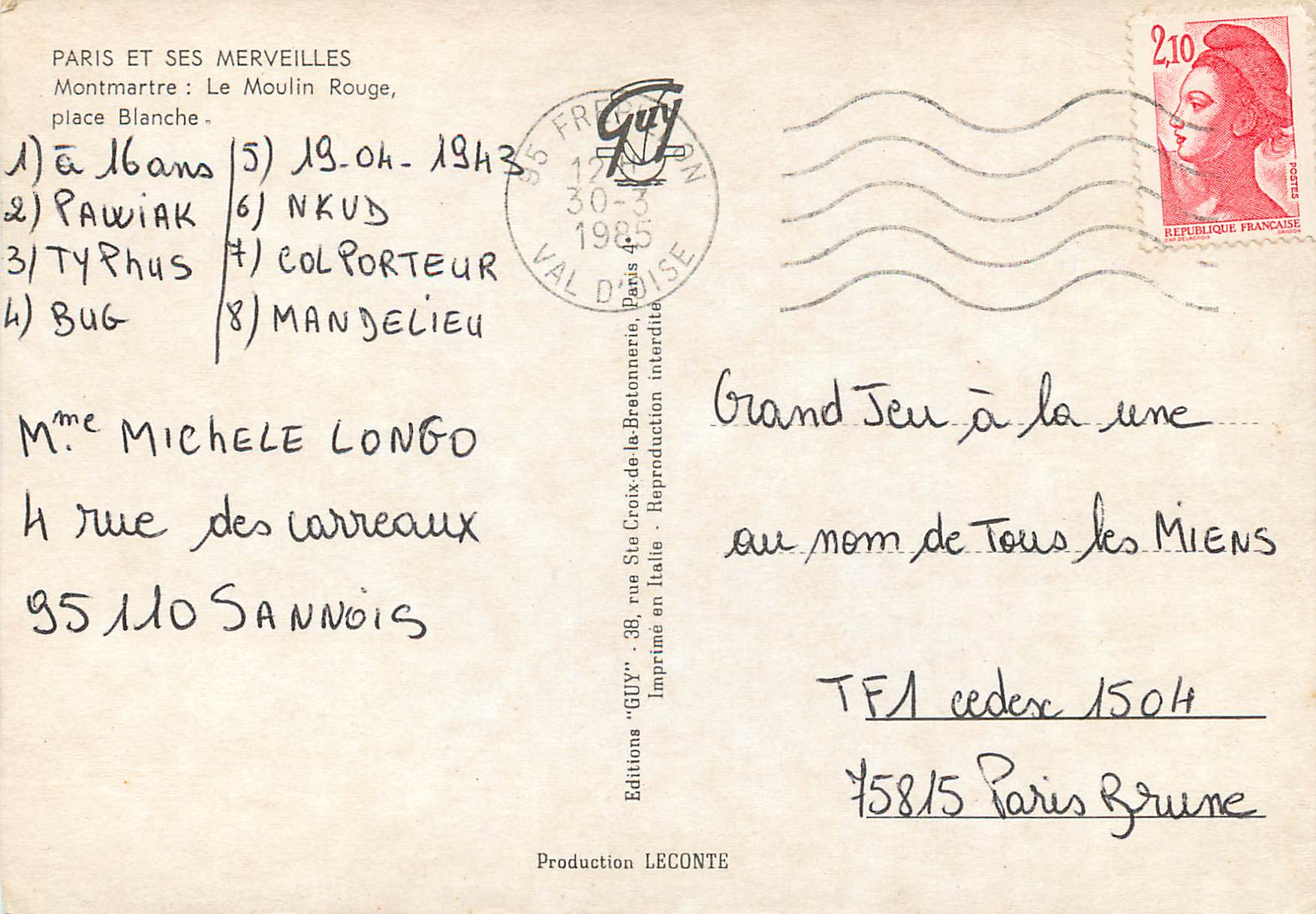 CPM Paris et ses Merveilles Montmartre Le Moulin Rouge place Blanche — Rückseite