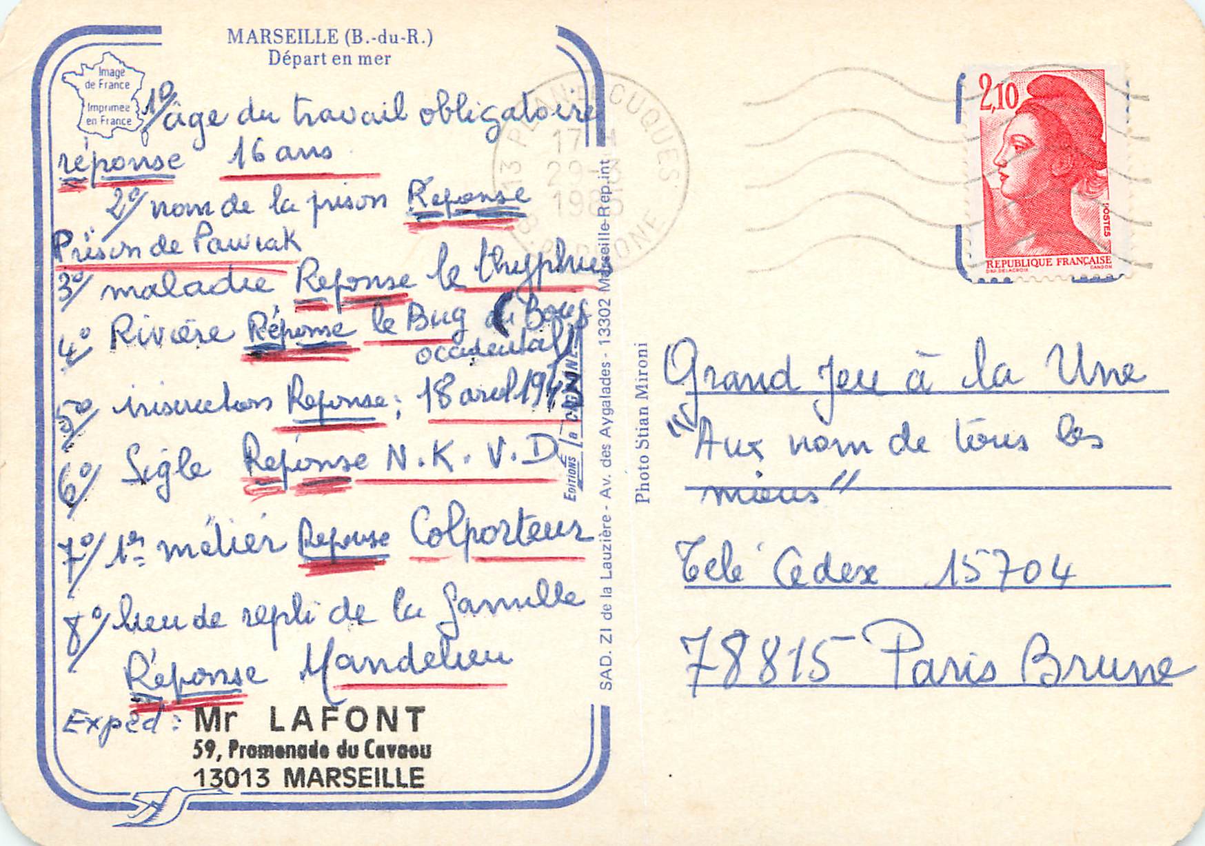 CPM Marseille Mr Lafont — Verso
