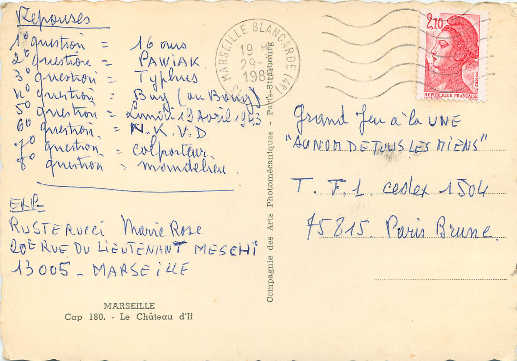 CPM Marseille Le Chateau d'If — Verso