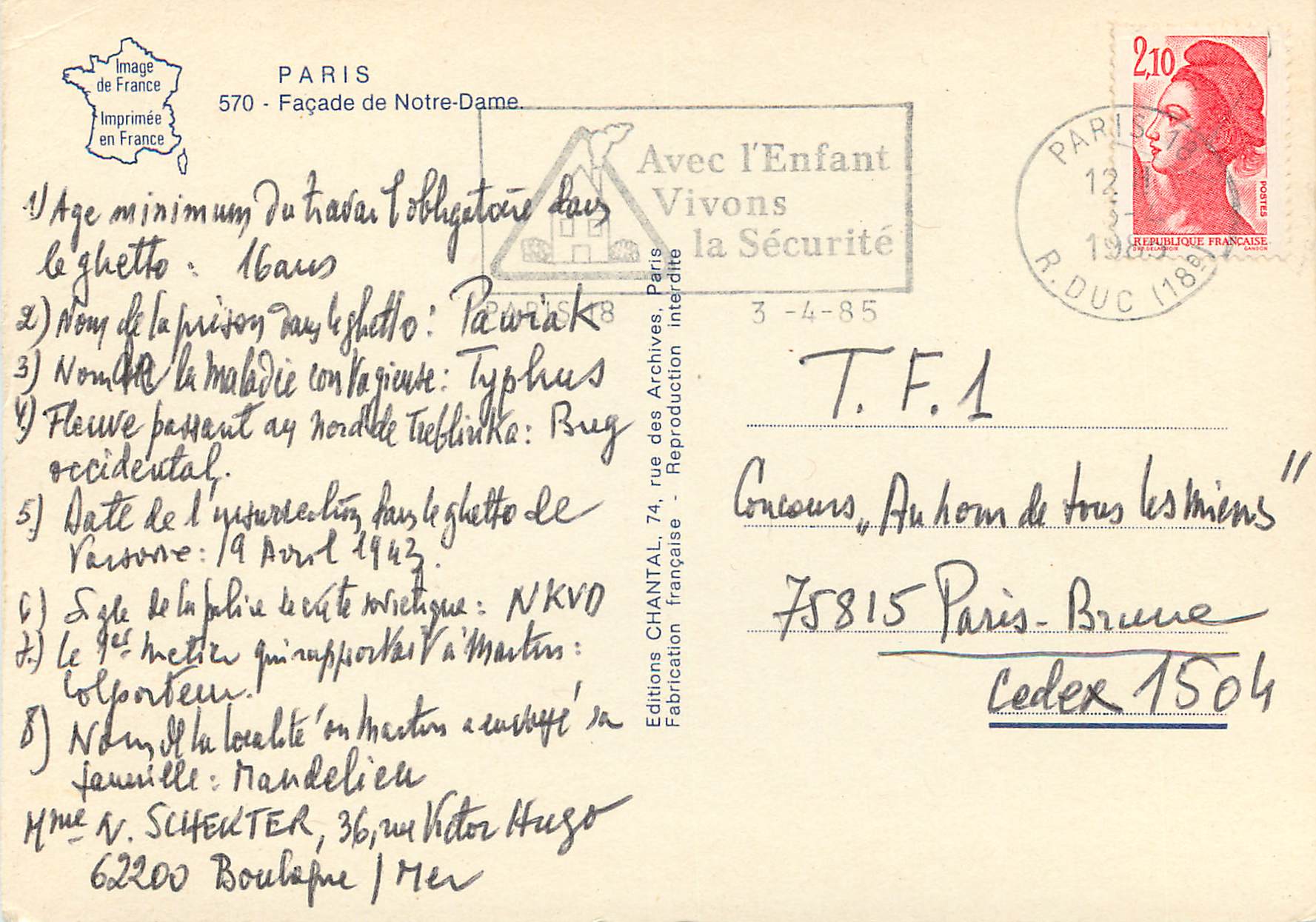 CPM Paris Facade de Notre-Dame — Rückseite