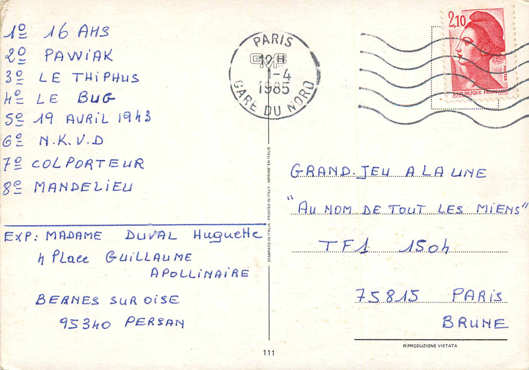 CPM Paris Gare du Nord — Rückseite