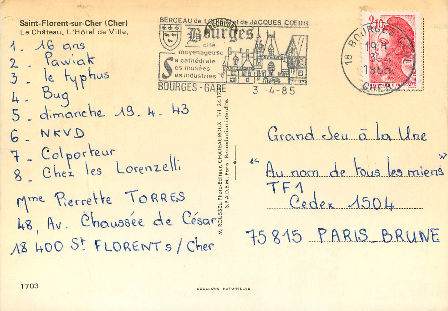CPM Saint-Florent sur Cher (Cher) Le Chateau L'Hotel de Ville — Rückseite