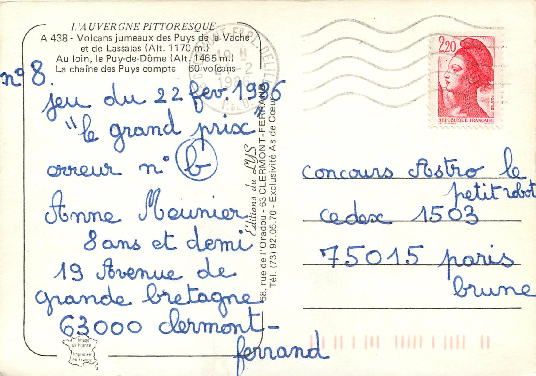 CPM L'Auvergne Pittoresque Volcans jumeaux des Puys de la Vache et de Lassalas — Verso