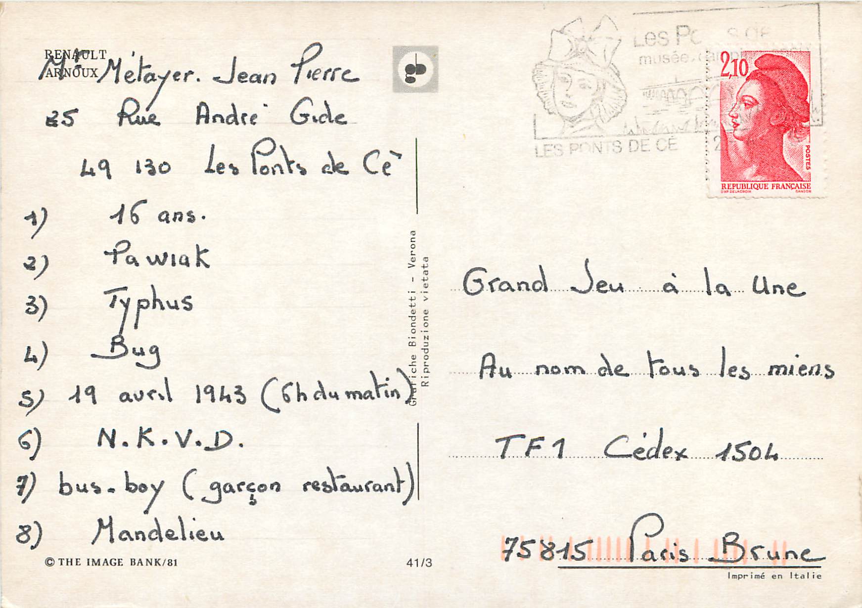 CPM Renault Arnoux Automobile Formule 1 — Verso