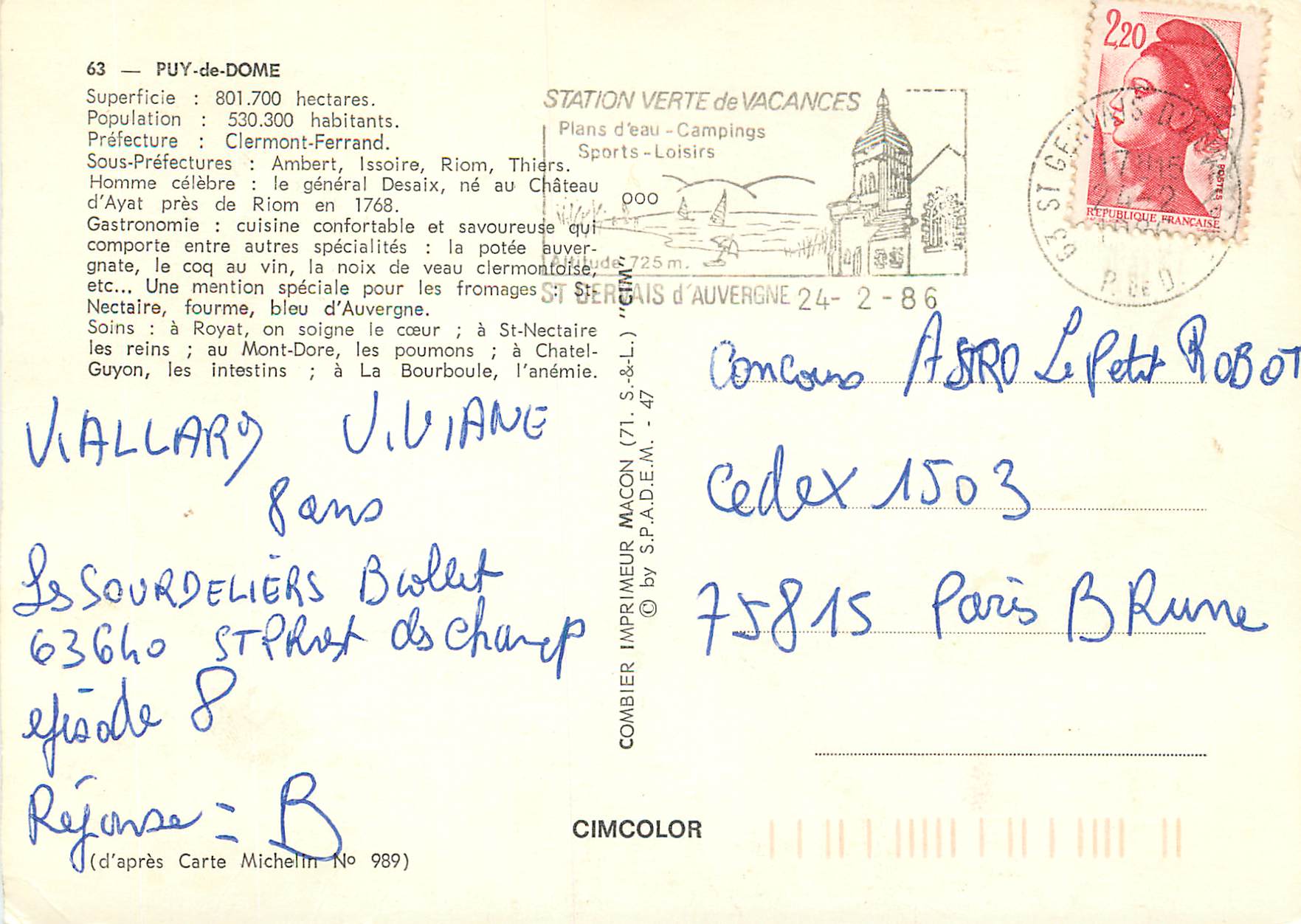 CPM Puy-de-Dome Besse Thiers Clermont Ferrand Issoire Volvic Royat St Nectaire — Verso