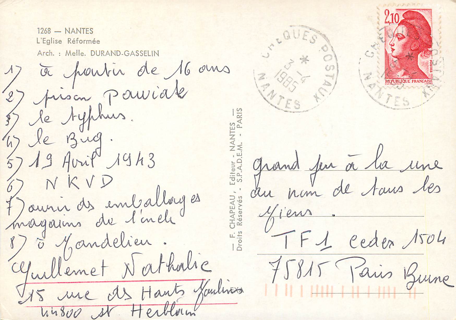 CPM Nantes L'Eglise Reformee — Rückseite
