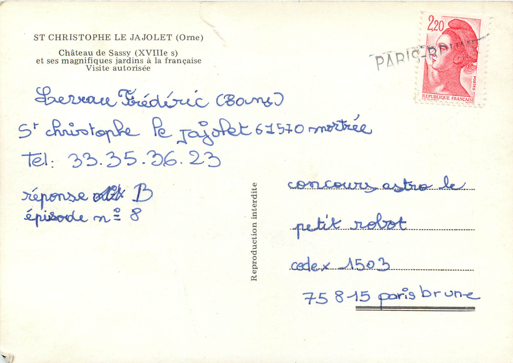 CPM St Christophe la Jajolet (Orne) Chateau de Sassy — Rückseite