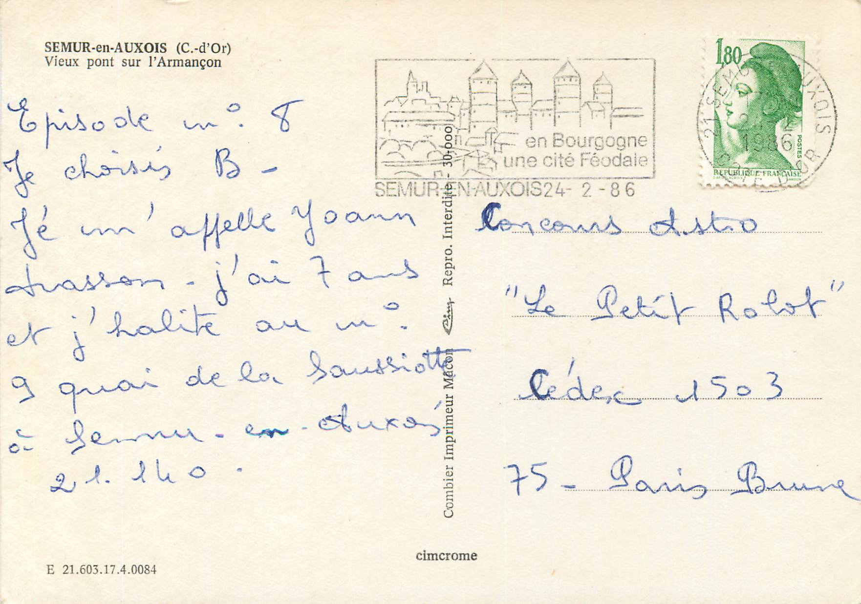 CPM Semur-en-Auxois (C-d'Or) Vieux pont sur l'Armancon — Rückseite
